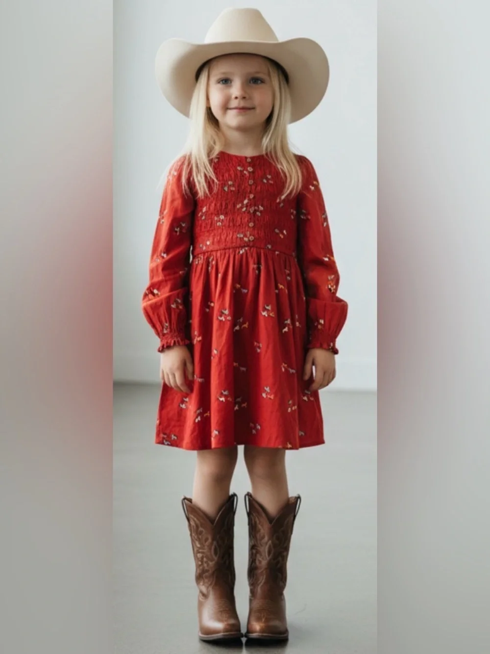 NWT- Cat & Jack Girls' Orange Long-Sleeve Smocked Horse-Print Dress